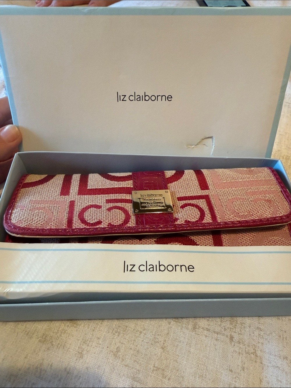 Liz Claiborne Pink and Cream Signature Continental Wallet